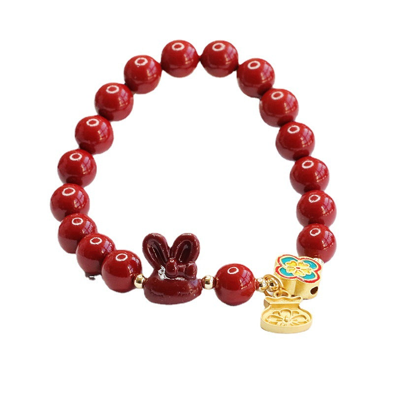 Lucky Cinnabar Rabbit and Four-Leaf Clover Sterling Silver Bracelet