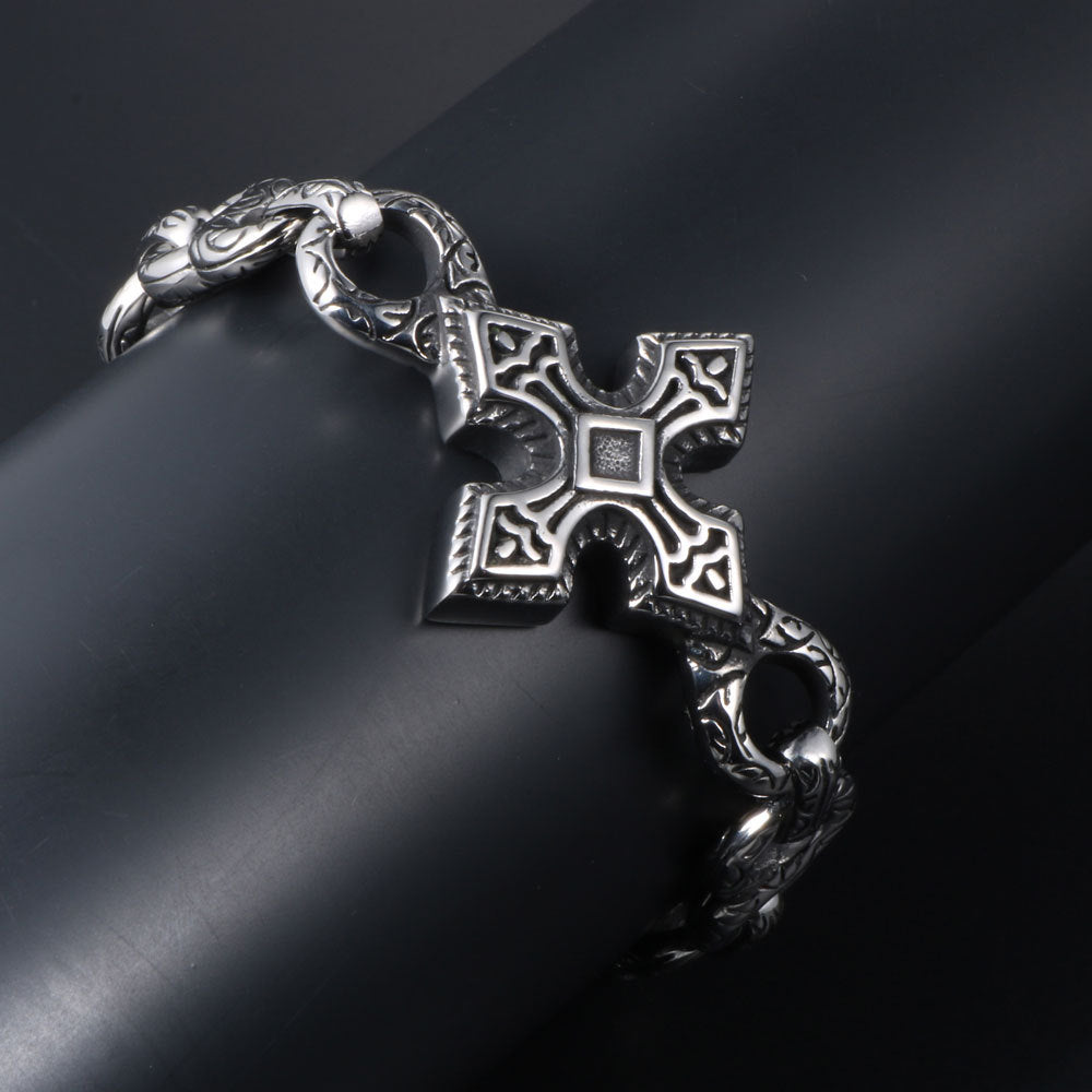 Punk-Inspired 8-Character Titanium Steel Bracelet for Men with Retro Cross Design