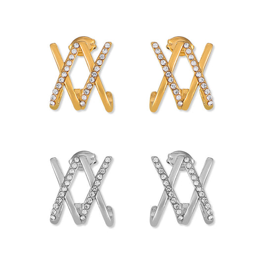 Golden Cross Titanium Stud Earrings with Zircon Embellishments