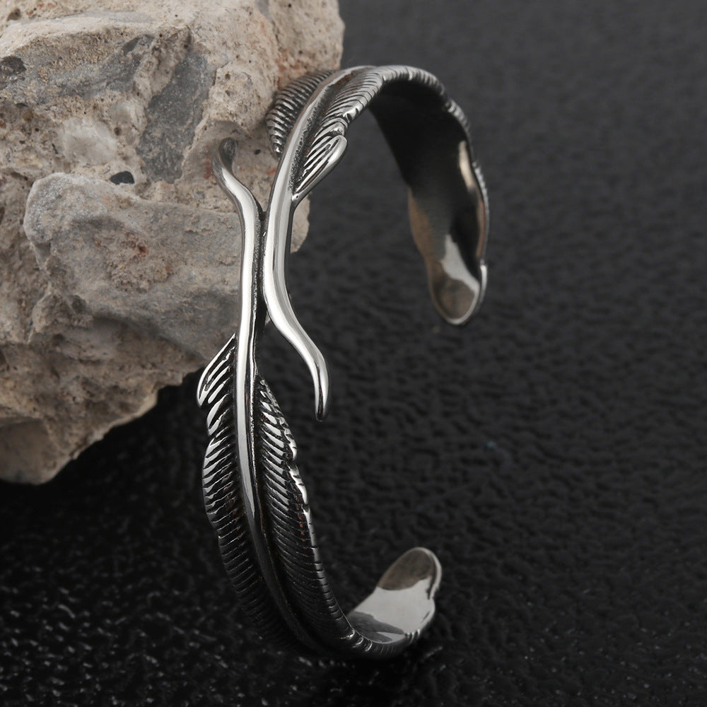 Men's Fashion Titanium Steel Woven Cuff Bracelet with Animal Feather Design