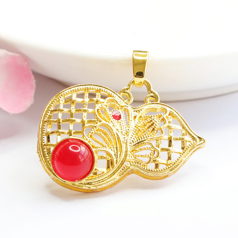 Natural Round Red Agate Chalcedony Golden Hollow Gourd Pendant