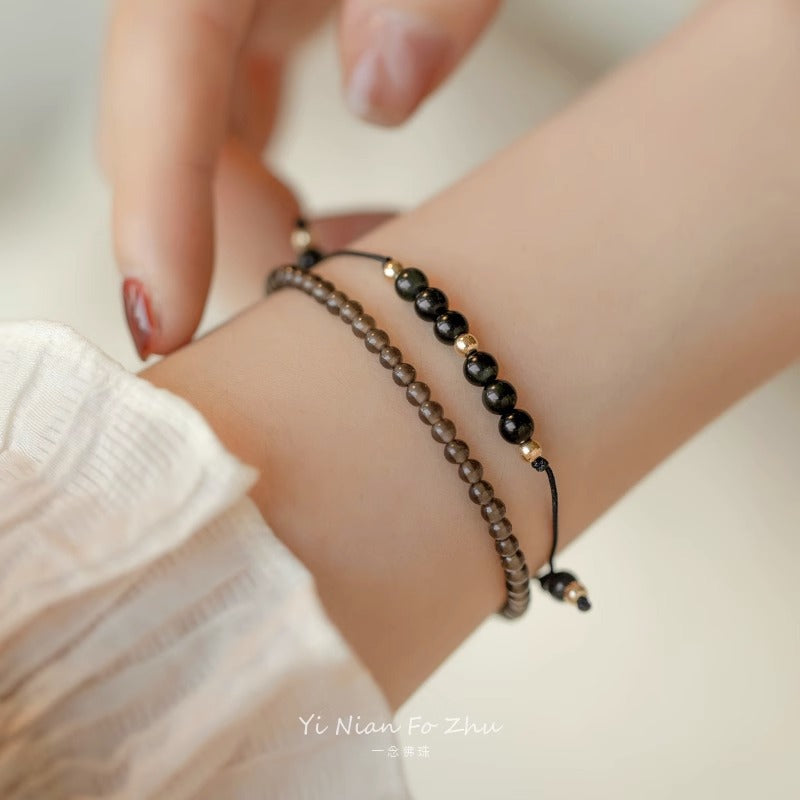 Fortune's Favor Sterling Silver Crystal and Obsidian Bracelet with 14k Gold Plated Lucky Gold Bead