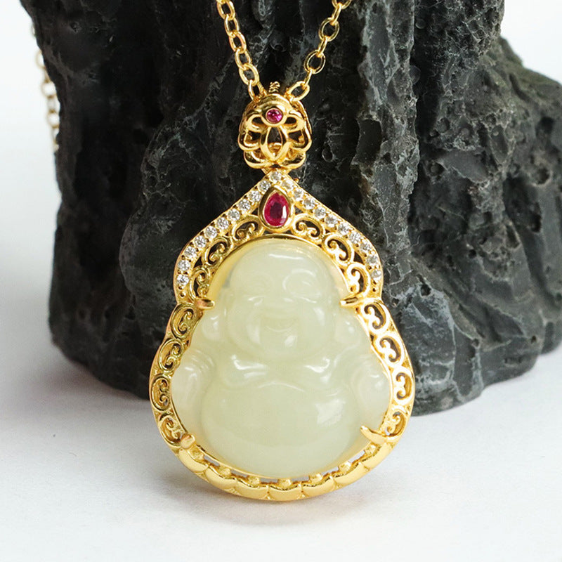 Sterling Silver Buddha Pendant with Natural Hetian Jade Necklace