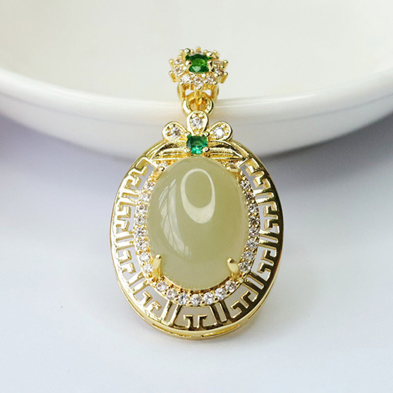 Natural Hotan Jade Pendant with Hollow Zircon Detail