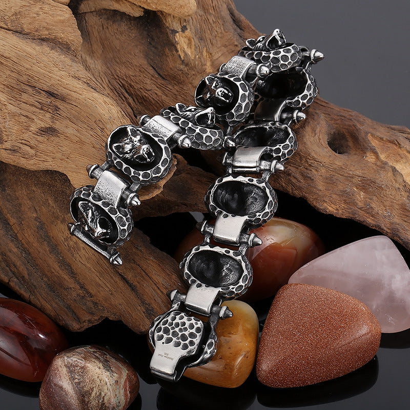 Vintage-Inspired Punk Titanium Steel Wolf Head Bracelet for Men with Bold Round Design