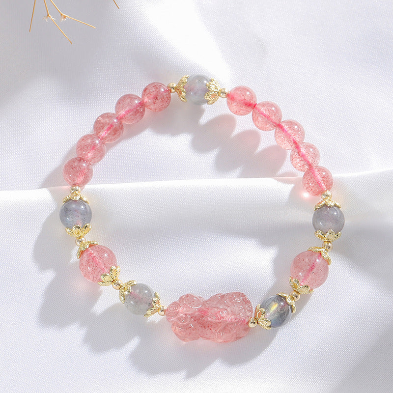 Strawberry Crystal Pixiu Bracelet with Gray Moonlight for Wealth Transfer