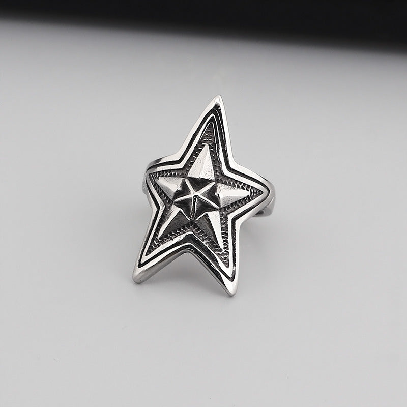 Stylish Titanium Steel Hip-Hop Ring for Men with Five-Pointed Star and Anchor Design