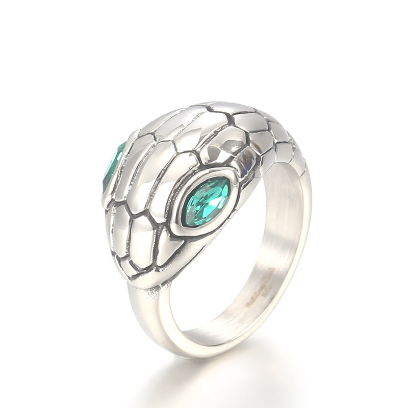 Trendy Geometric Snake Ring with Green Zircon Eyes - Punk Titanium Steel for Men