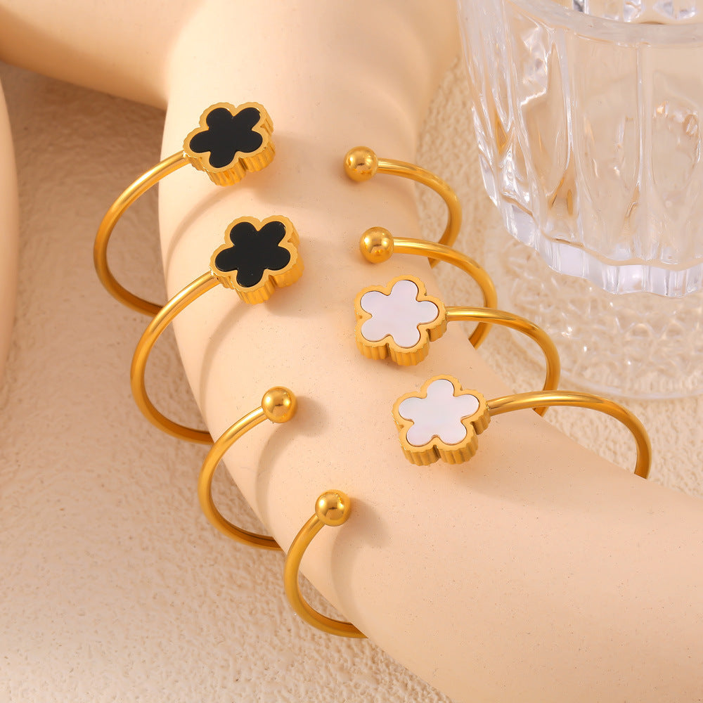 Elegant Korean White Shell Acrylic Flower Bracelet crafted in Titanium Steel