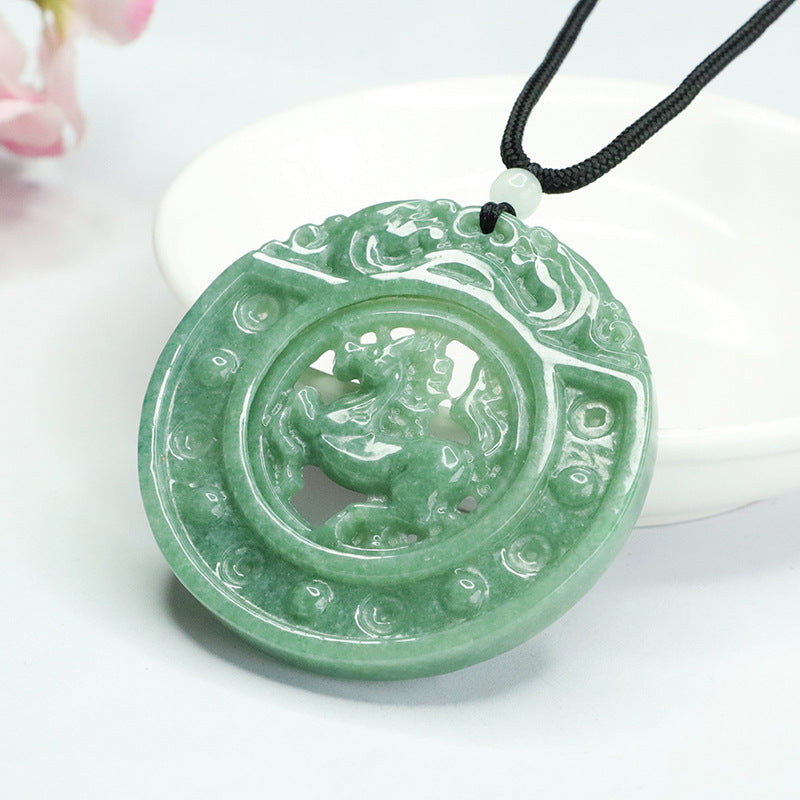 Myanmar Grade A Jade Horse Carving Hollow Round Pendant for Luck and Abundance