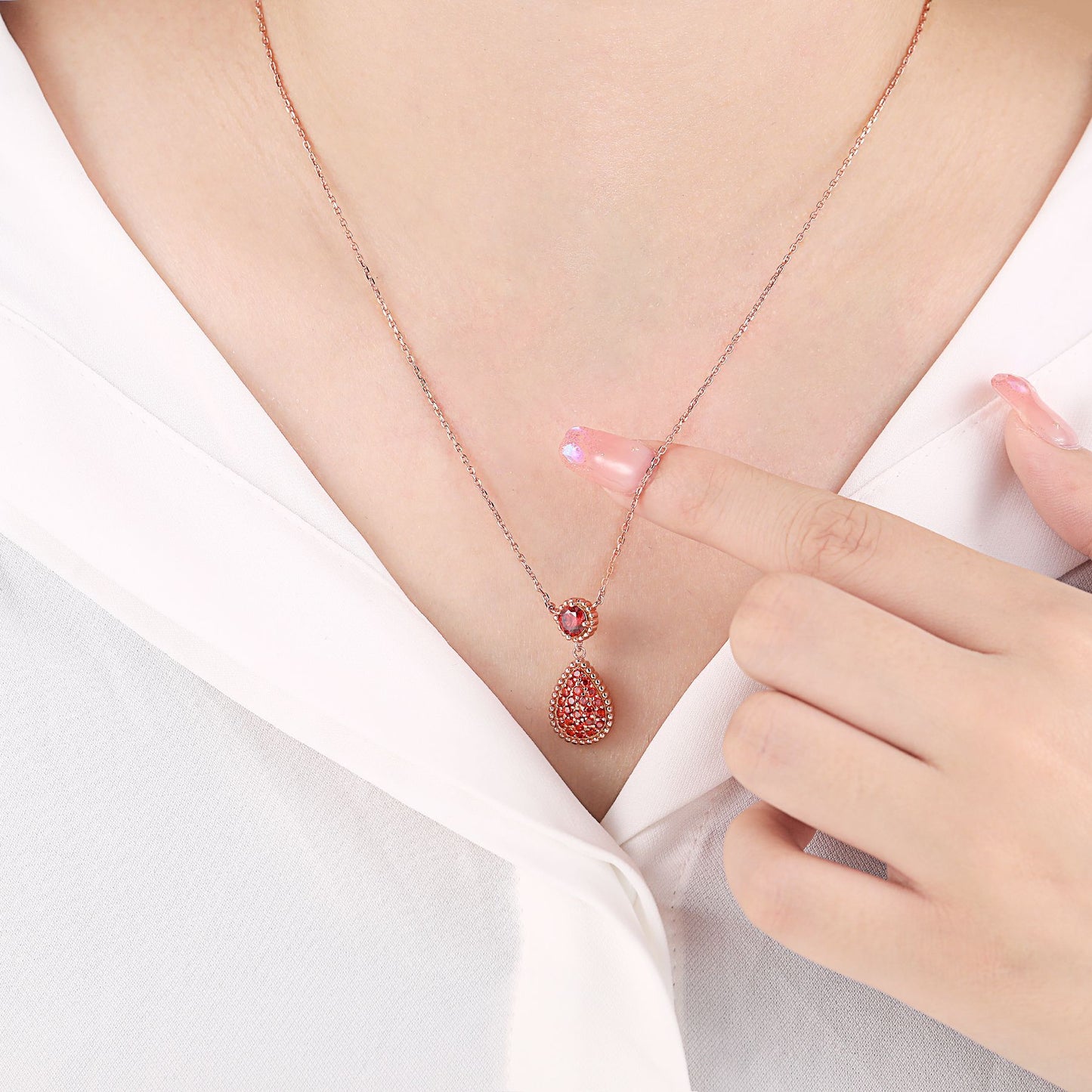 Water Droplet Pendant Round Red Garnet Sterling Silver Necklace