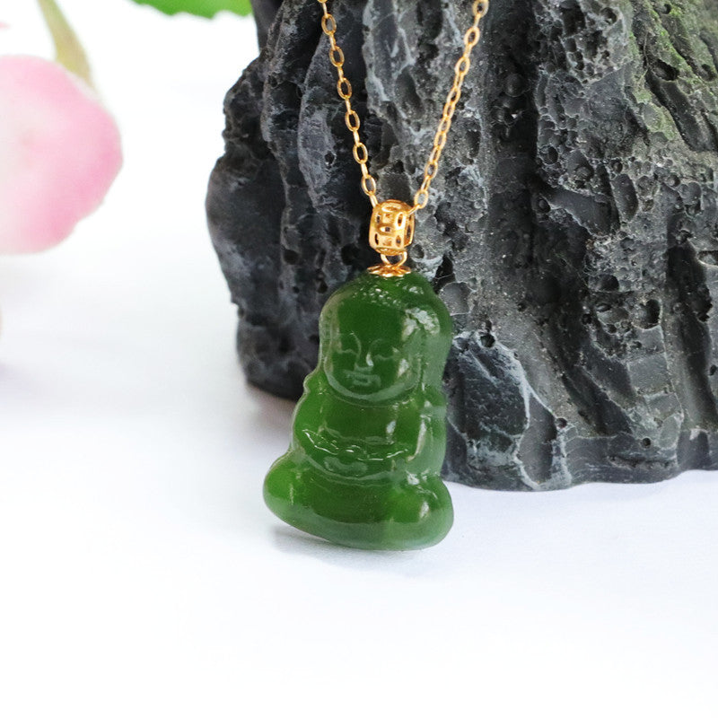 Buddha Baby Jasper Pendant Necklace with Sterling Silver and Hetian Jade