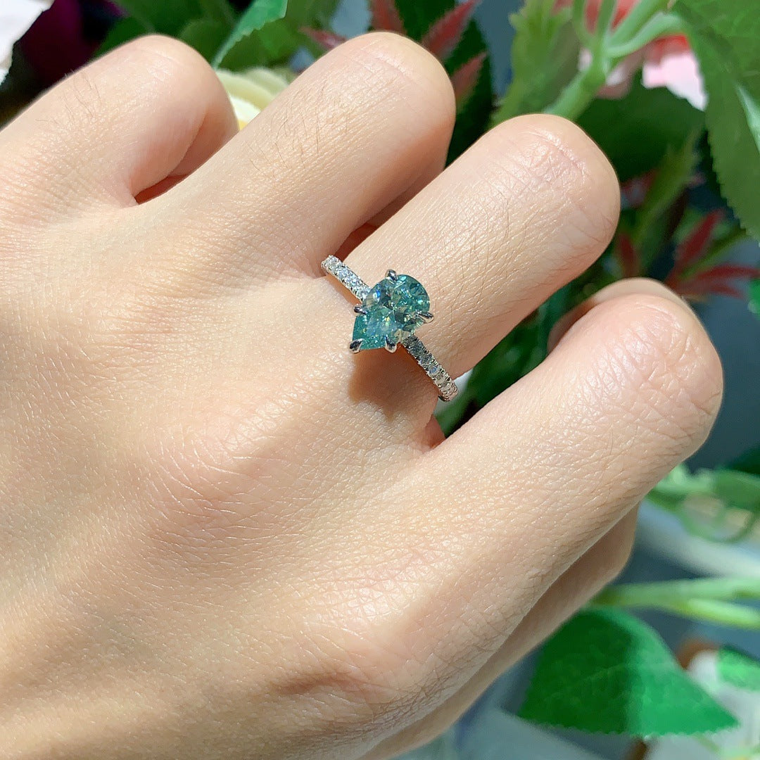 1.6 Carat Pear Shaped Ocean Blue Moissanite Silver Ring