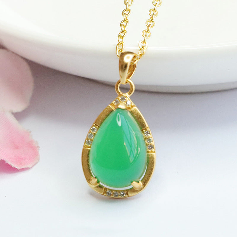 Sterling Silver Necklace with Green Chalcedony Droplet Pendant