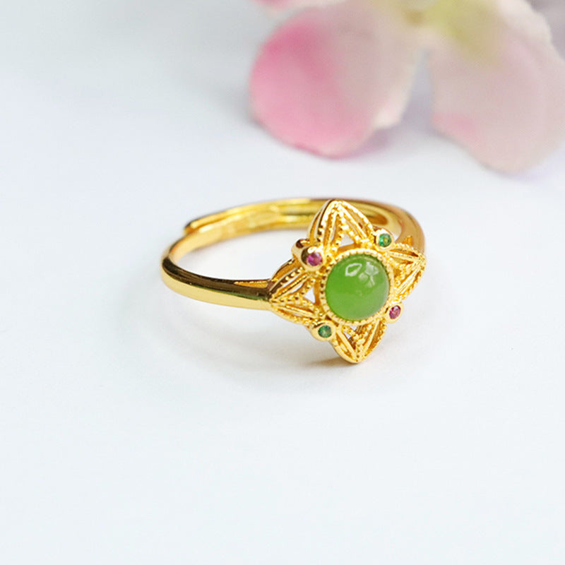 Jade Jasper and Zircon Sterling Silver Star Ring with Hollow Design