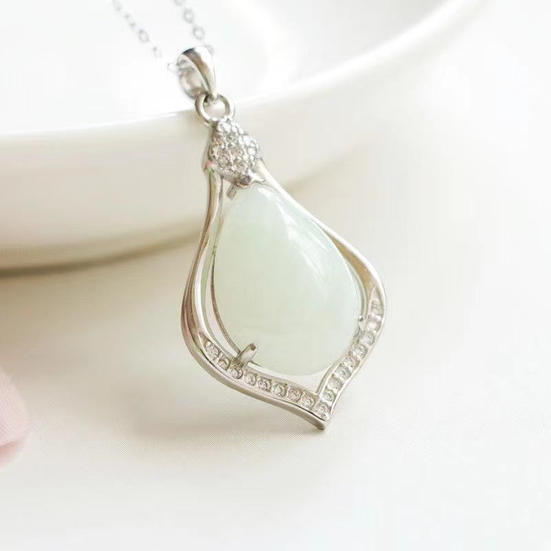 Jewelry Necklace with Sterling Silver Water Drop Natural Jade Pendant and Zircon