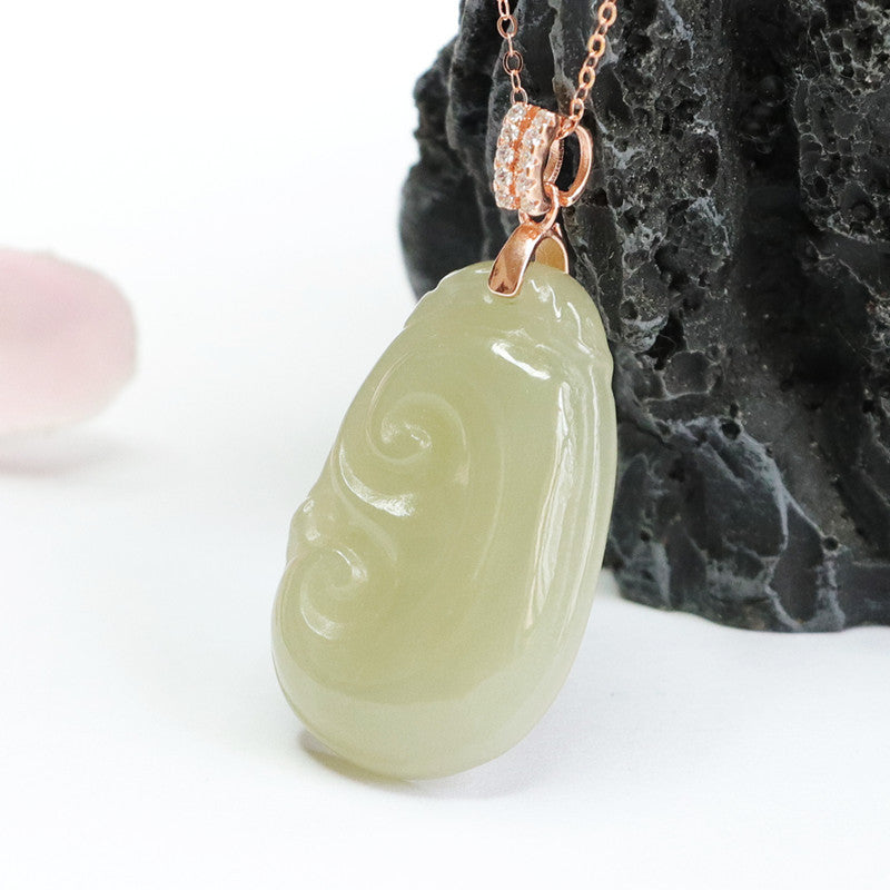 Ruyi Jade Zircon Rose Gold Necklace with Hotan Jade Gemstone