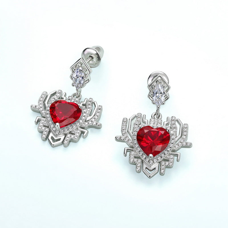 Exaggerated Creative Heart Shape Red Zircon Pendant Sterling Silver Drop Earrings