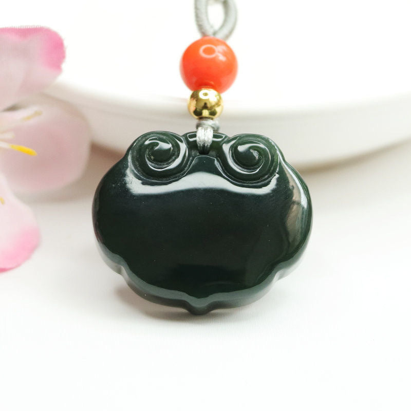 Green Jade Ruyi Lock Pendant with Sterling Silver Needle