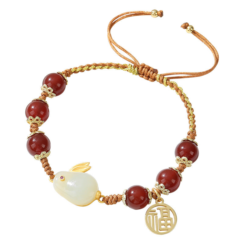 Chinese Retro Nephrite Jade and Red Agate Bracelet with Sterling Silver Detail