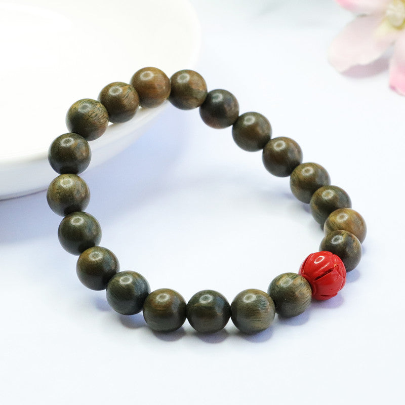 Lotus Bead Sterling Silver Bracelet with Cinnabar Stone and Sandalwood