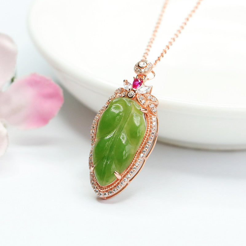 Elegant Natural Hotan Jade Leaf Necklace with Zircon Accents