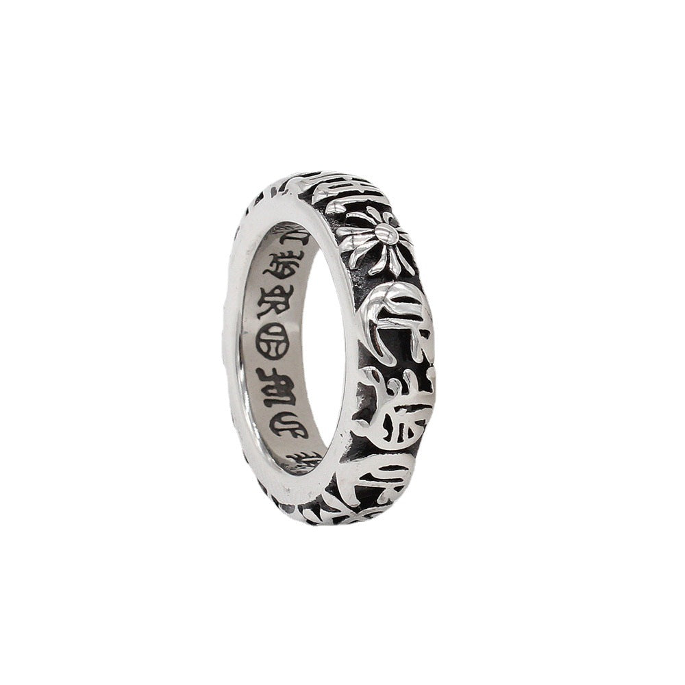 Relief Gothic Text Cross Flower Titanium Steel Ring for Men