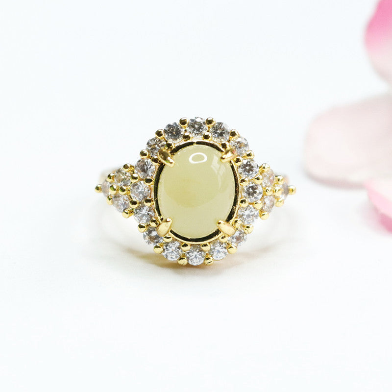 Organic Hetian Jade Ring with Sparkling Zircon Detail, Versatile Sterling Silver Design