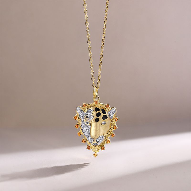 Leopard Head Pendant Zircon Silver Necklace