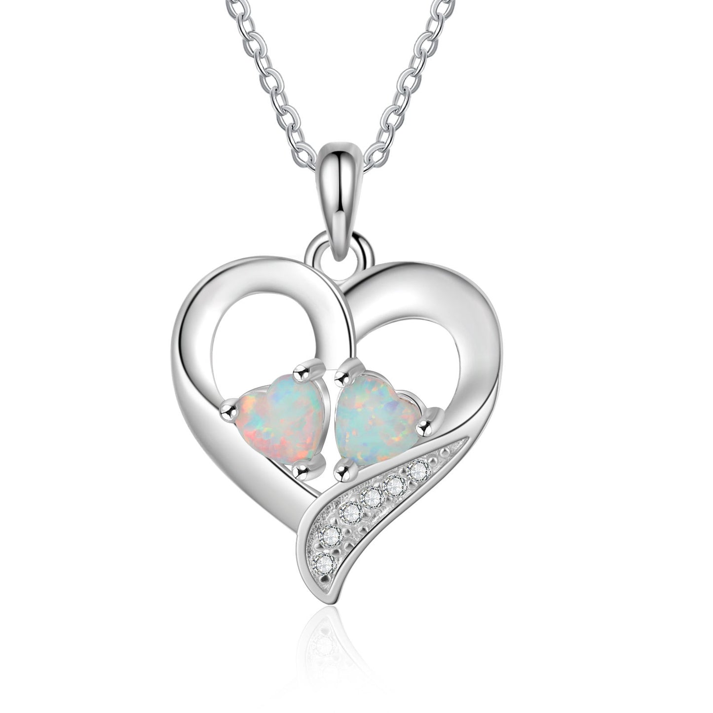 Double Heart Shape Opal Zircon Love Sterling Silver Necklace