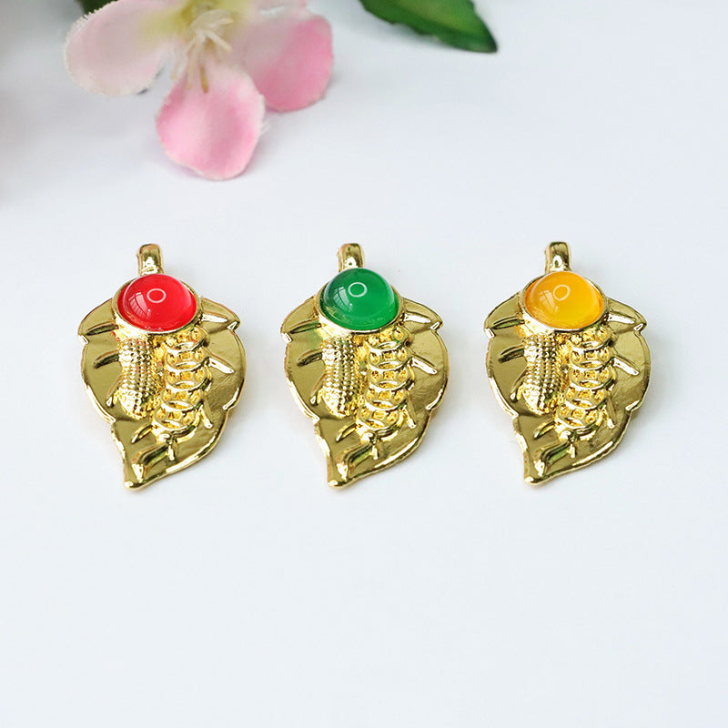 Round Agate Golden Leaf Pendant Jewelry