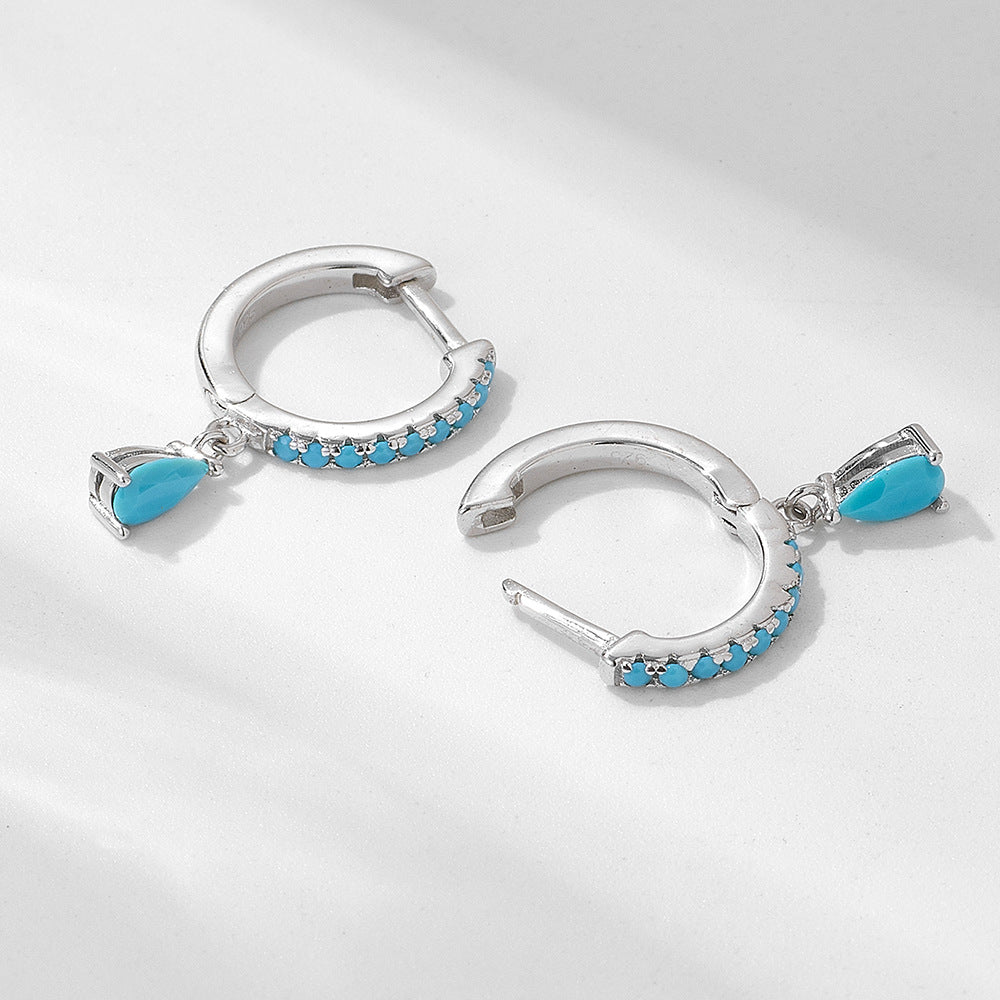 Water Drop Turquoise Silver Hoop Earrings