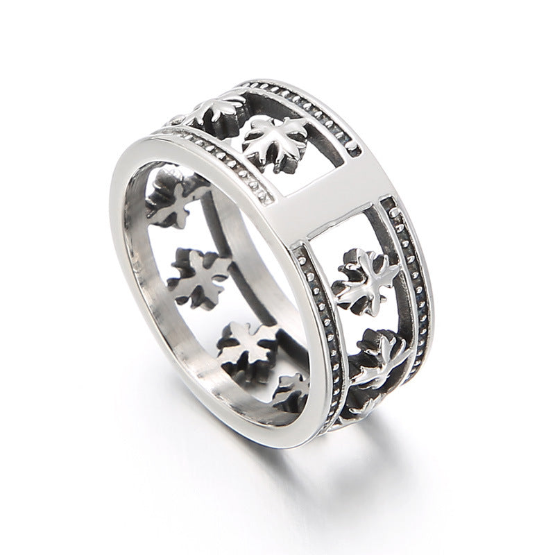 Trendy Men's Titanium Steel Ring with Hollow Cross Flower Design - European and American Style