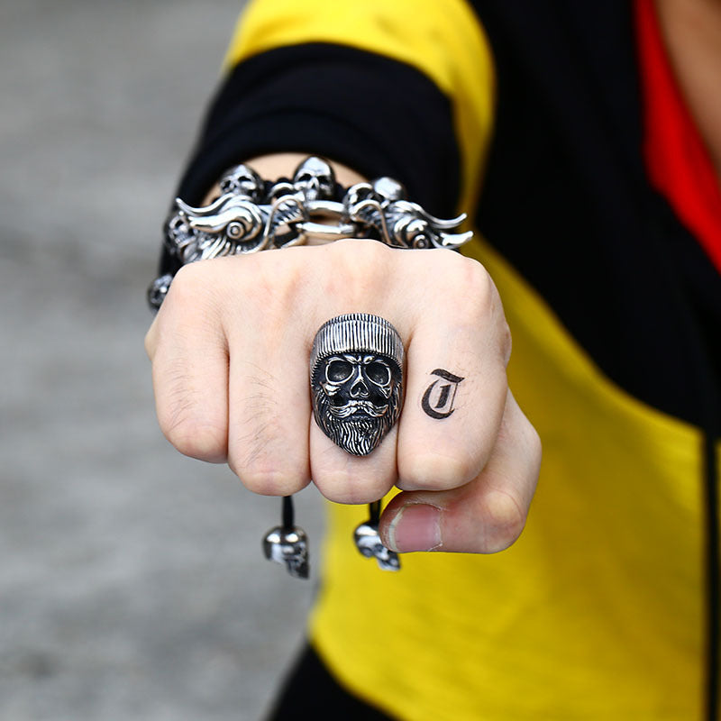 Vintage-Inspired Titanium Steel Skull Ring for Men with Bearded Design