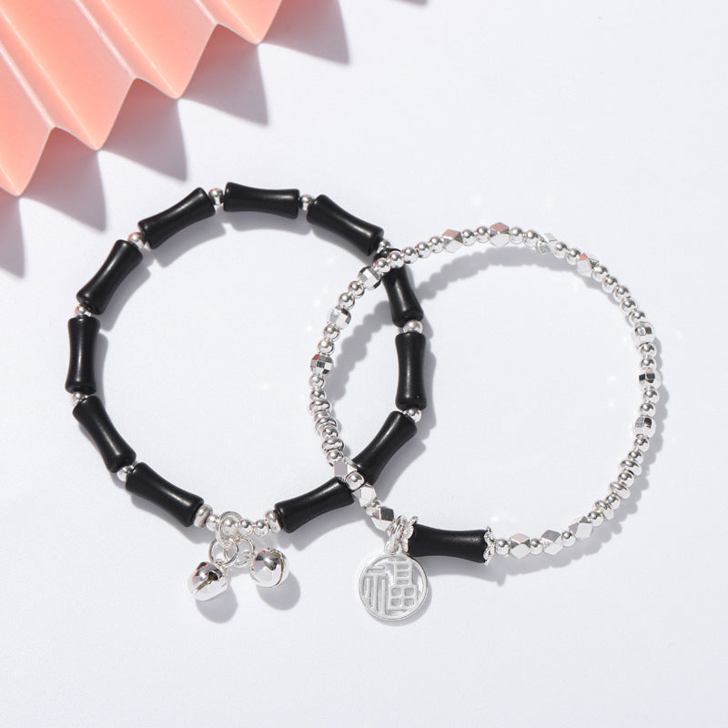 Layered Bamboo Crystal Bracelet with Natural Black Stone for Girls