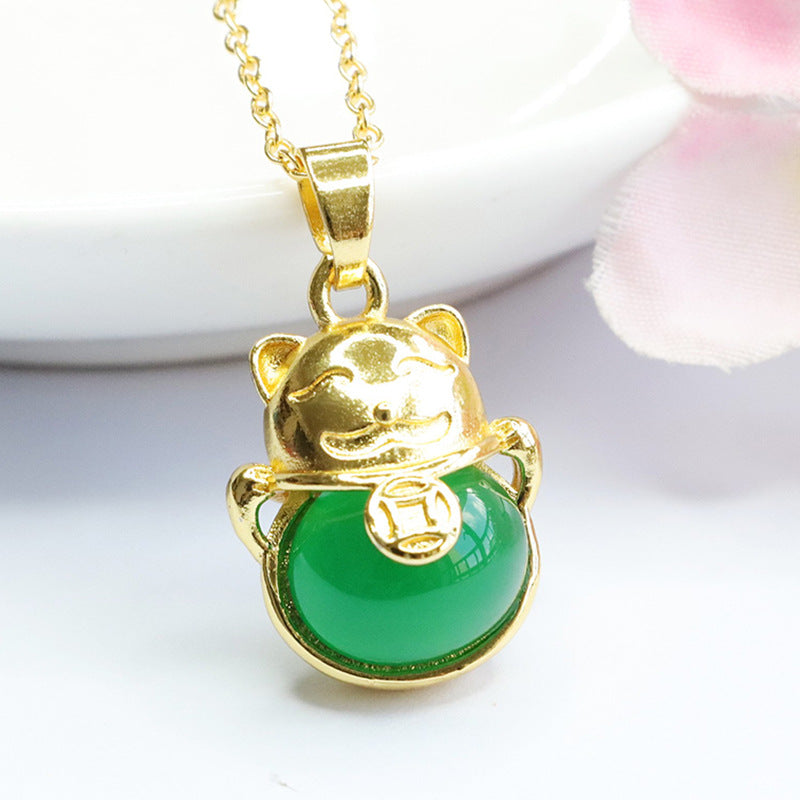 Lucky Cat Chalcedony Sterling Silver Necklace