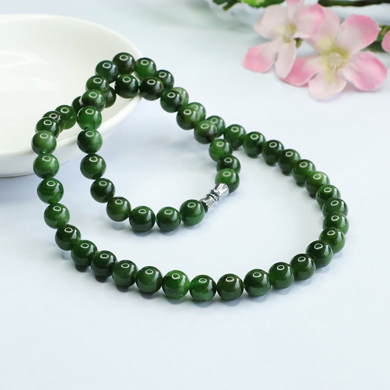 Natural Hetian Jade Necklace Jasper Beads Chain Russian Spinach Green