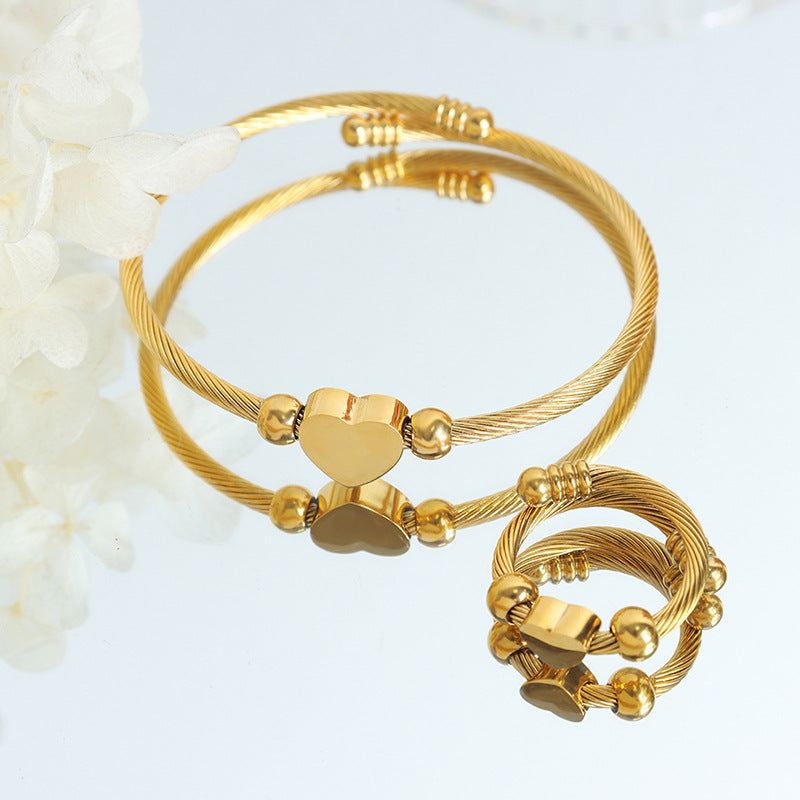 Gold-plated Love Coil Bracelet and Ring Set - Korean Fashion Jewelry