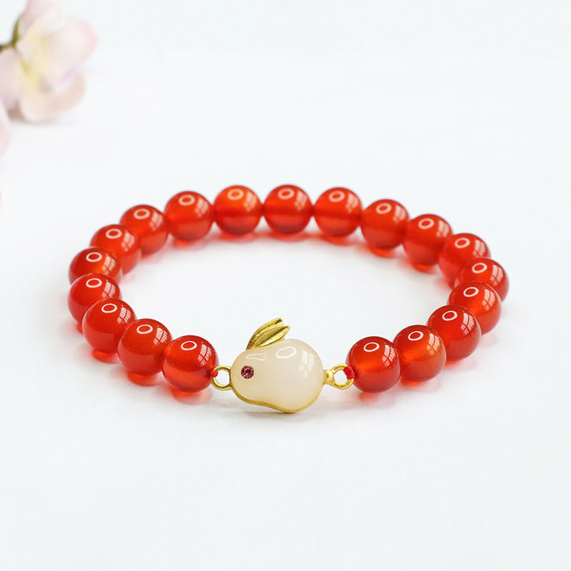 Fortune's Favor Sterling Silver Red Agate Rabbit Jade Bracelet