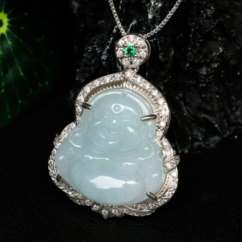 Buddha Jade Zircon Necklace with Sterling Silver Pendant