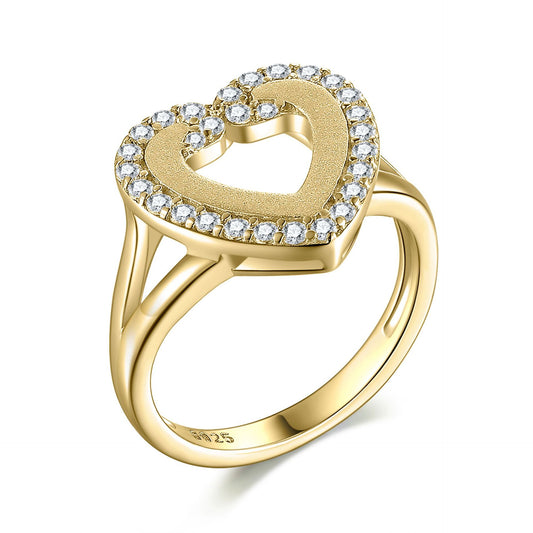 Golden Sandblasting Zircon Hollow Heart Shaped Sterling Silver Ring