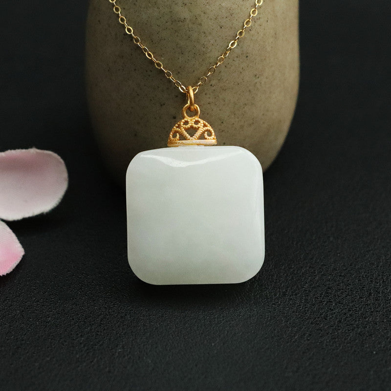 Sterling Silver White Jade Pendant Necklace with Hetian Jade Square Detail