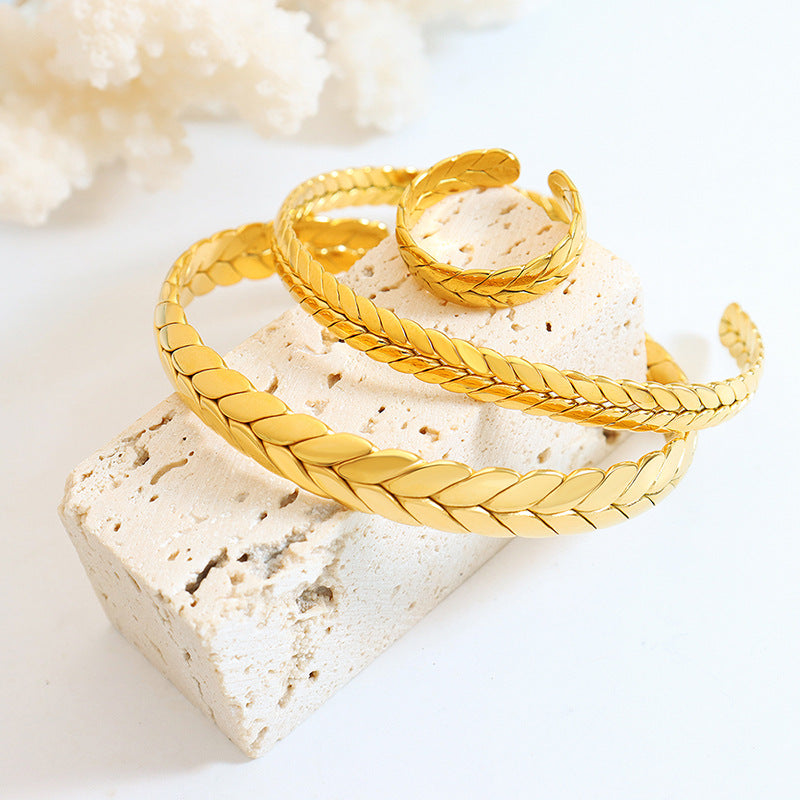 European and American Wheat Ear Bracelet and Ring Set - Gold-plated Titanium Steel Jewelry