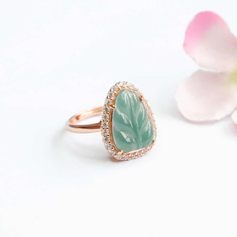 Ice Blue Green Leaves Jade Sterling Silver Ring