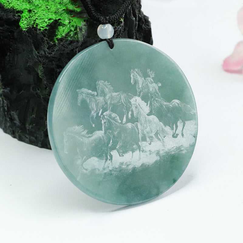 Jade Horse Zodiac Pendant with Eight Horses Carving in Blue Green Shadow