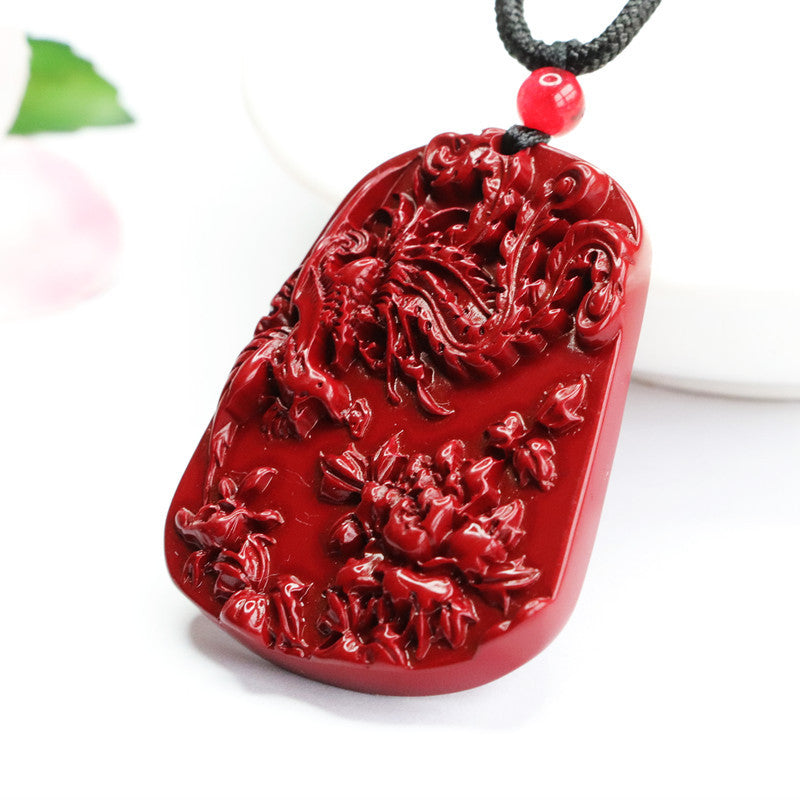 Phoenix Peony Sterling Silver Necklace with Cinnabar Stone