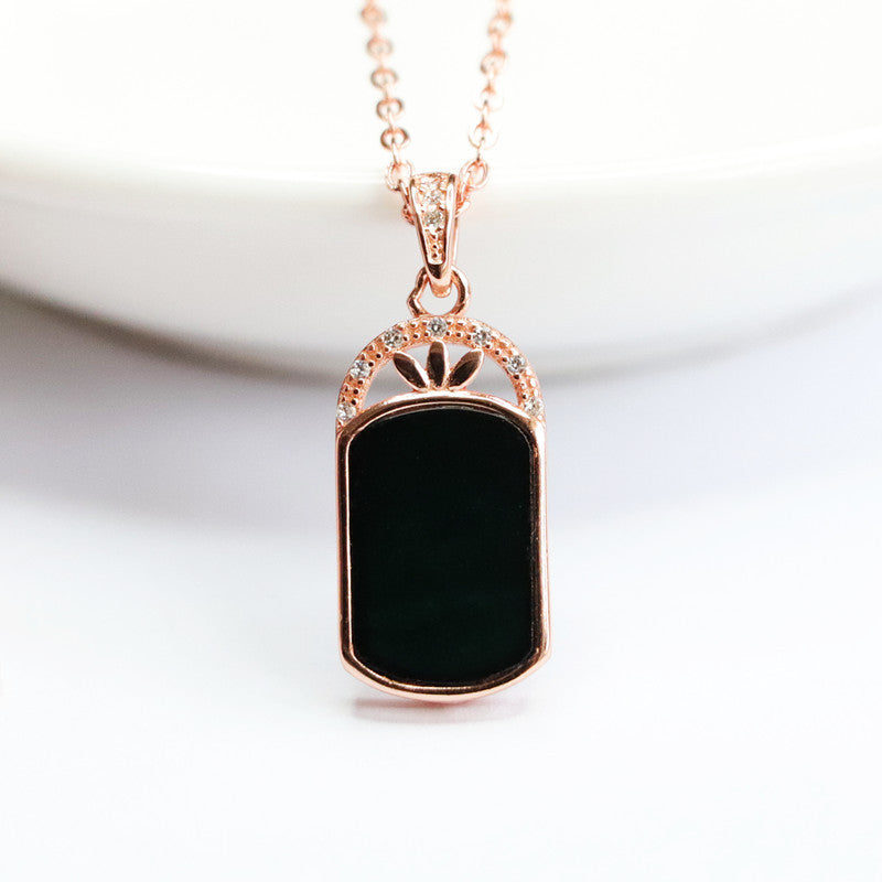 Fortunate Blackish Green Jade Pendant Necklace with Three Leaf Grass Zircon