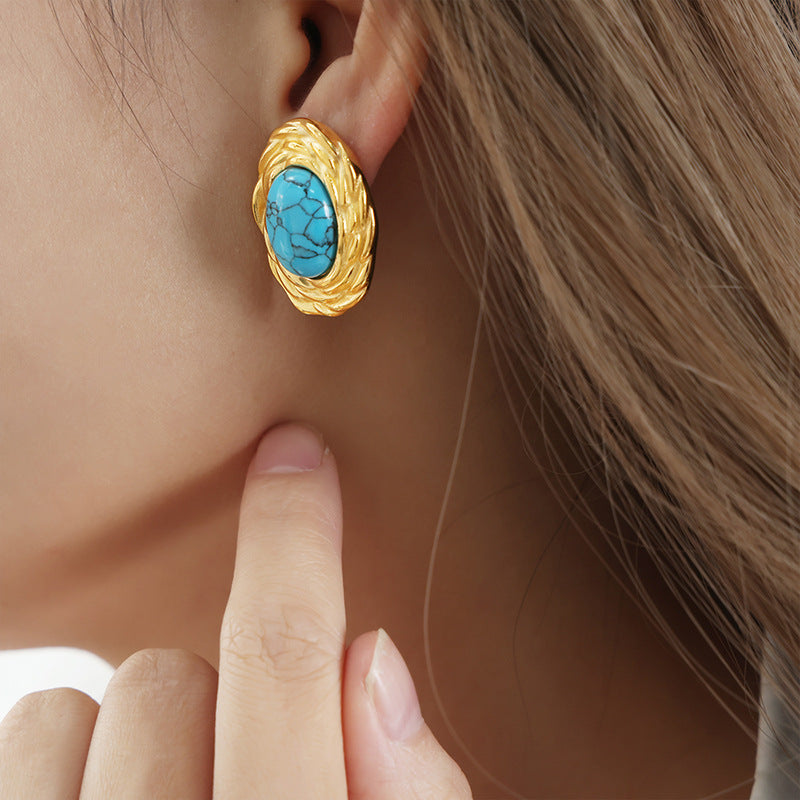 Luxurious Natural Turquoise Oval Earrings - Premium French Retro Style