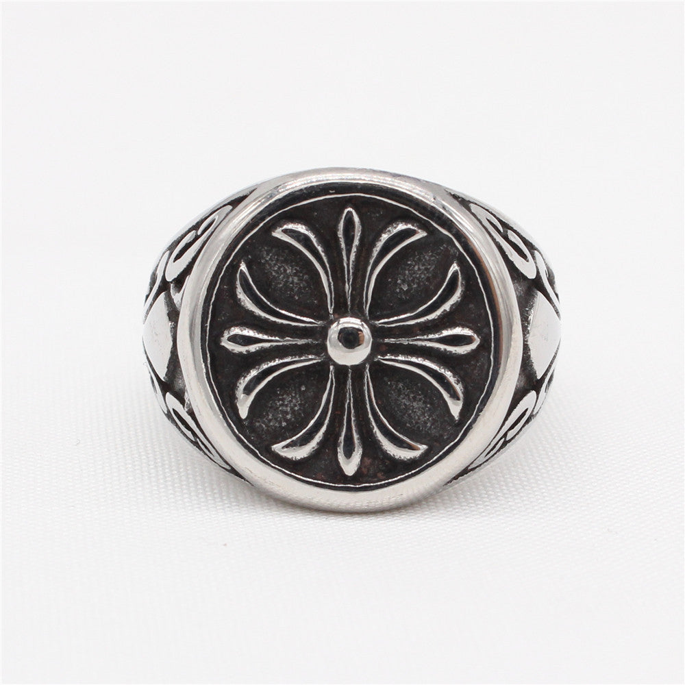 Cross Flower Round Disk Titanium Steel Ring for Men