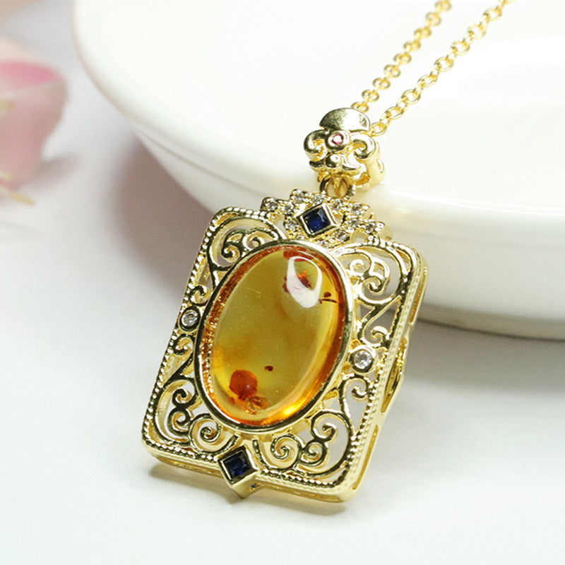 Hollow Rectangle Sterling Silver Necklace with Beeswax Amber